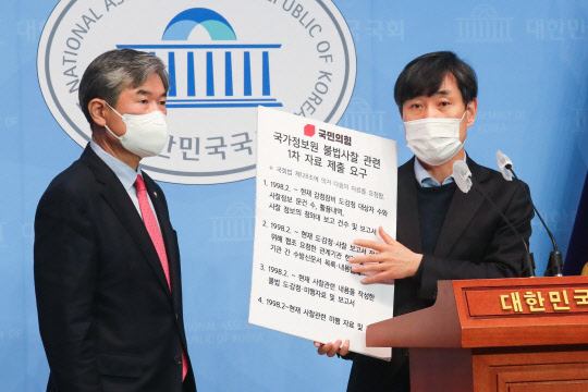 국회 정보위원회 소속 국민의힘 (오른쪽부터) 하태경·조태용 의원이 24일 국회 소통관에서 전임 정부 국가정보원 불법사찰 의혹 정보공개와 관련해 기자회견하고 있다.(사진=연합뉴스)